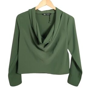 Zara Forest Green Cowl Neck Blouse Long Sleeve Draped Top Women's Medium